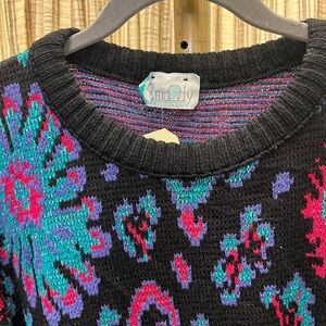 Vintage 80s Black Multicolor Women's Sweater Plus Size
